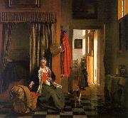 Pieter de Hooch Mother Lacing her Bodice Beside a Cradle oil painting reproduction
